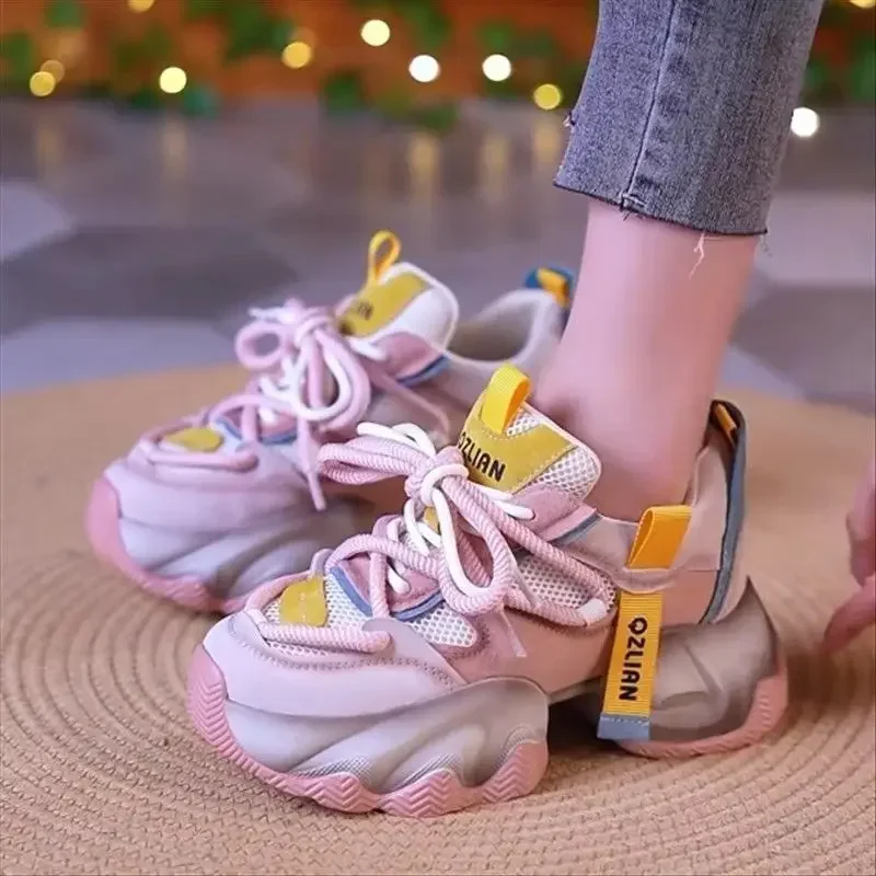 2024 Spring Summer Women's Trendy Dad Shoes: All-Matching High Heel Leisure Sneakers with Breathable Color-Blocking shoes