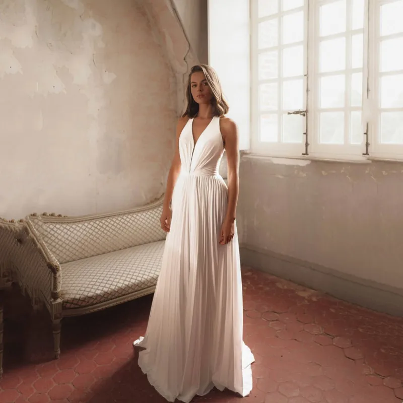 

Simple A-Line Ivory Wedding Dress Boho Sleeveless Spaghetti Straps Sexy Deep V-Neck Backless Pleat Gown Dresses 2025 Customized