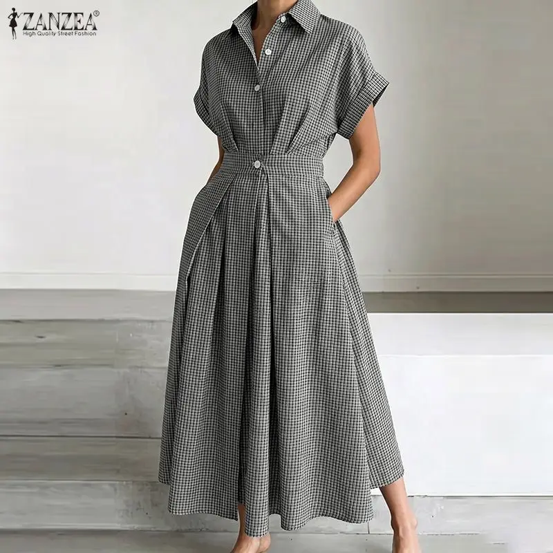 ZANZEA Women Fashion Shirtdress Turn-Down Collar Short Sleeve Half Button Elastic Waist A-Line Maxi Dress Loose Vestidos S-2XL