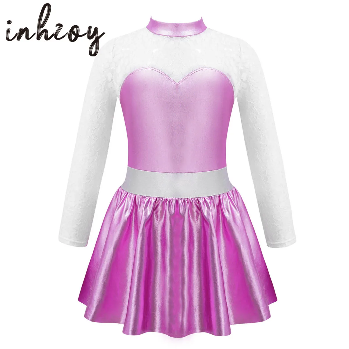 

Kids Girls Gymnastics Workout Leotard Dress Metallic Shiny Ballet Tutu Dress Long Sleeves Mock Neck Figure Ice Skating Dress