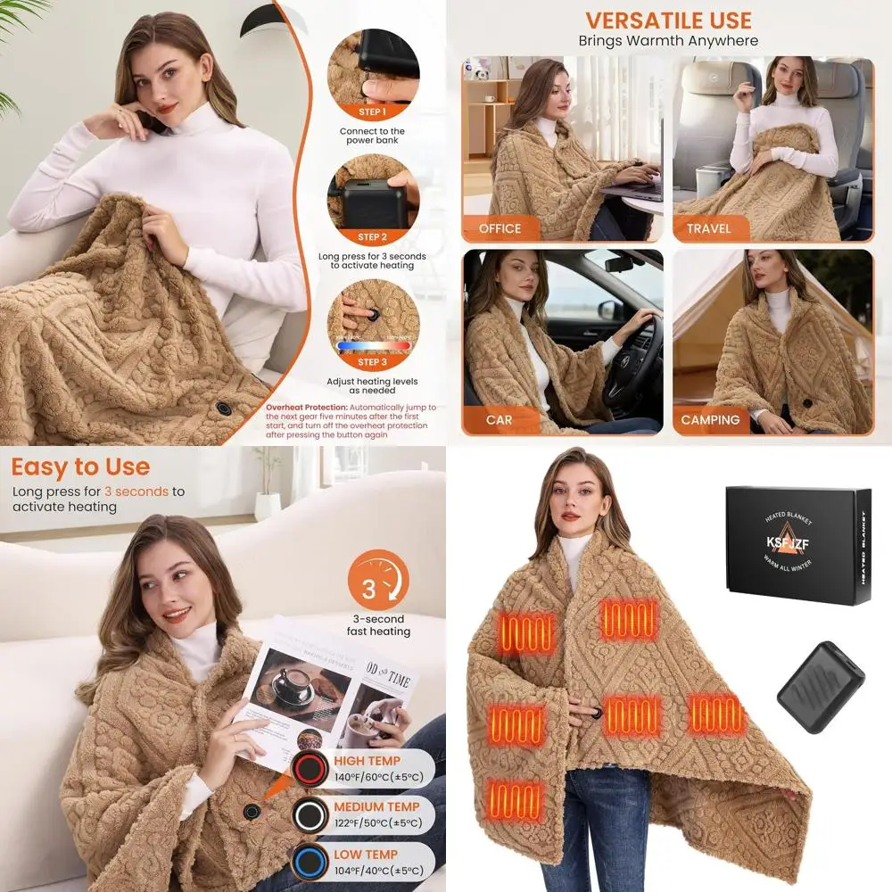 

Одеяло с подогревом и Power Bank — мягкий искусственный мех, 3 режима нагрева, беспроводное, можно стирать в машине, 59x35,5 (вермель)