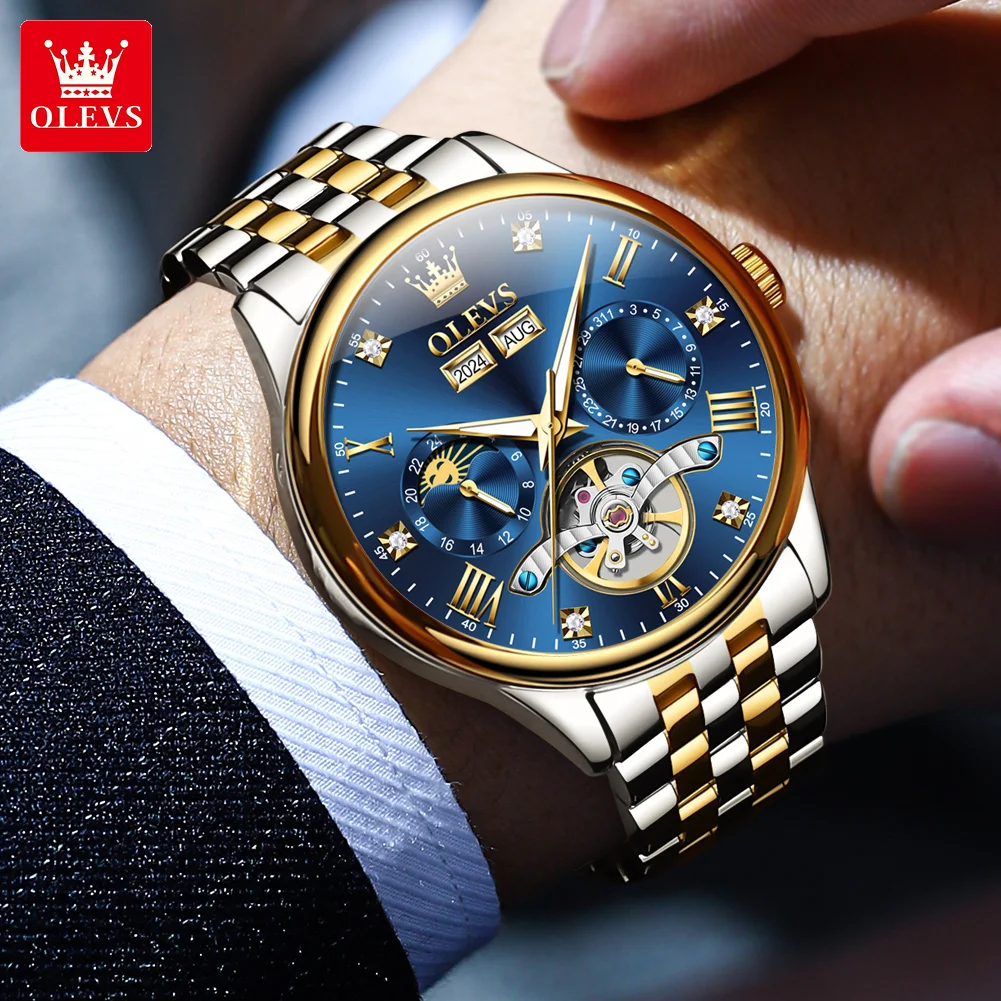 OLEVS 7023 Automatic Watch for Men Stainless Steel Skeleton Flywheel Mechanical Men's Watches Luxury Moon Phase Man Wristwatches