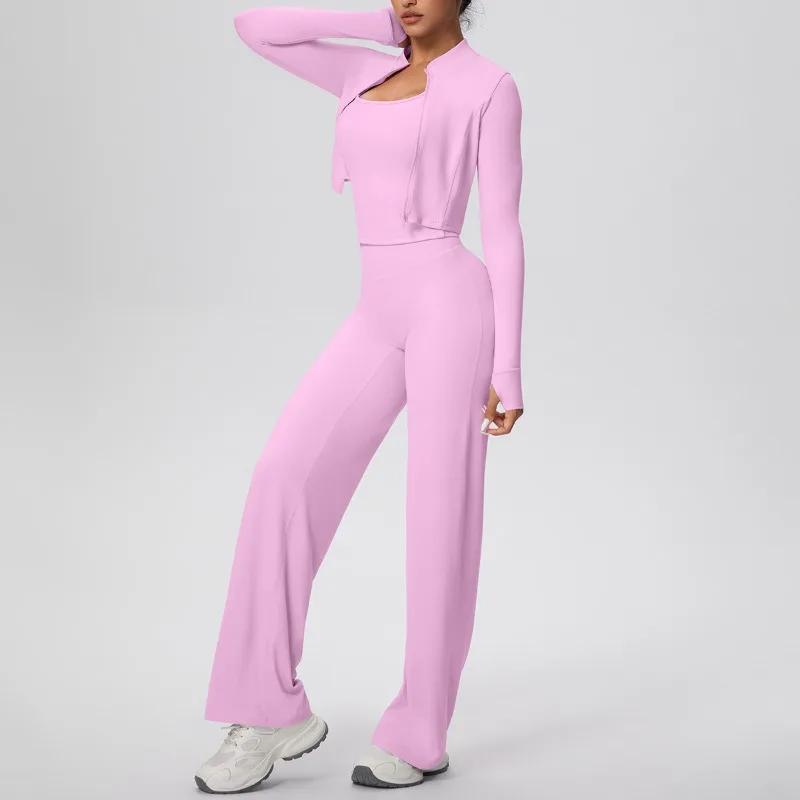 Set da yoga spazzolato da donna tinta unita gilet a forma di I ad asciugatura rapida gamba larga set sportivo in tre pezzi set da corsa fitness