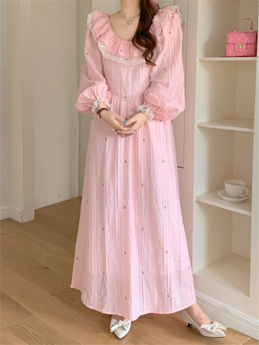 

Alien Kitty Elegant Autumn OL Maxi Dress Princess Women Chic Loose Sweet 2023 Full Sleeve Florals Lace New Office Lady Daily