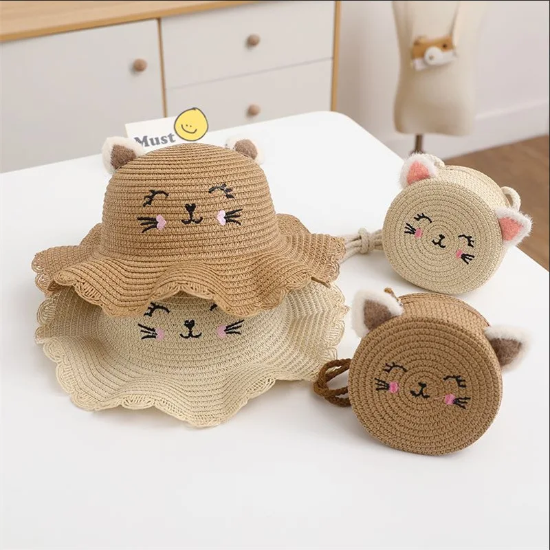 Cute Cat Summer Baby Hat Girl Handbag Straw Cap Set Kids Infant Princess Party Holiday Beach Sun Hats Panama Gorros