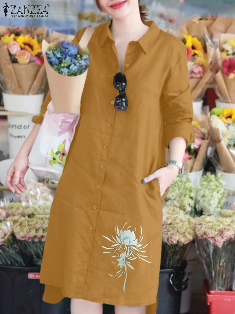 スタイリッシュなラペルネック長袖シャツワンピース 2025 ZANZEA 秋プリントワンピース レディース オフィス サンドレス カジュアル ハイロー ワークドレス