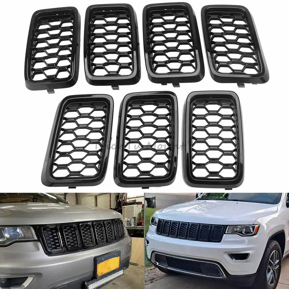 1Set Grille Inserted Ring Trim Front Grille Compatible With Jeep Grand Cherokee 2017-2021 High Quality Abs Plastic Glossy Black