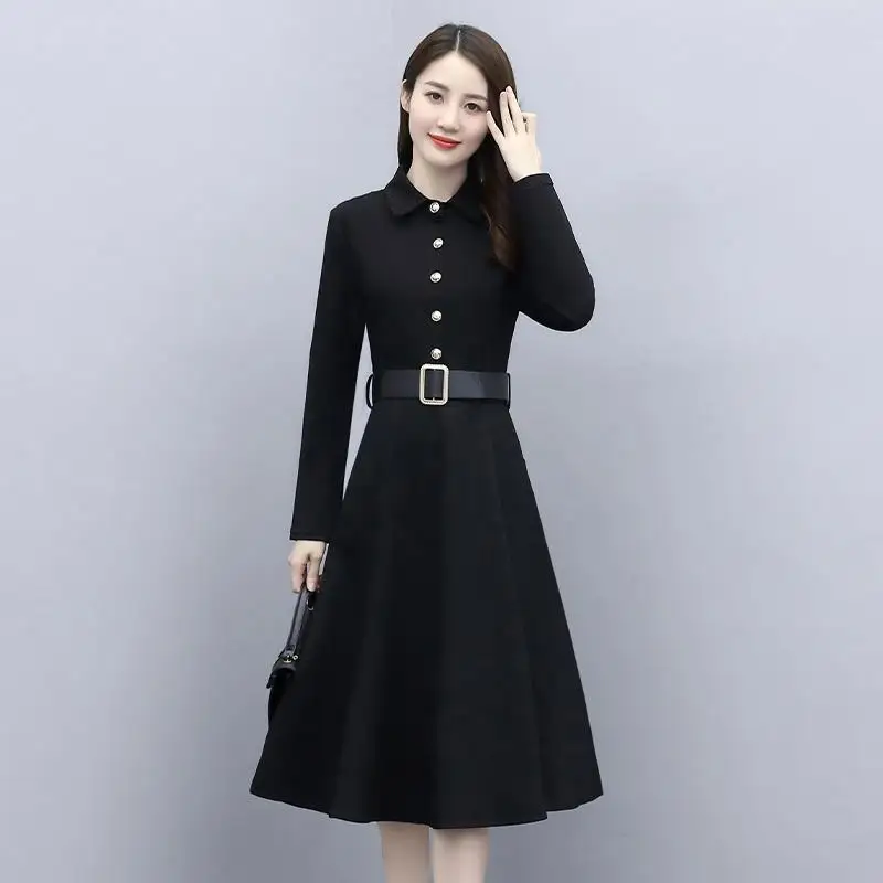 New Velvet and Thickened Autumn and Winter Dress for Women to Slim Down Fashion Temperament Age-reducing Belly-covering Dresses