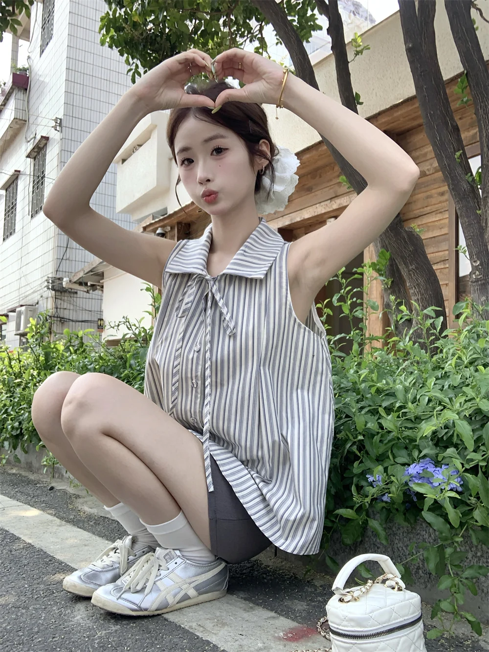 

Summer Loose Svel Polka Dot Bow Tie Ne Irt Women's Faion Striped Top Knot Waisand Vest