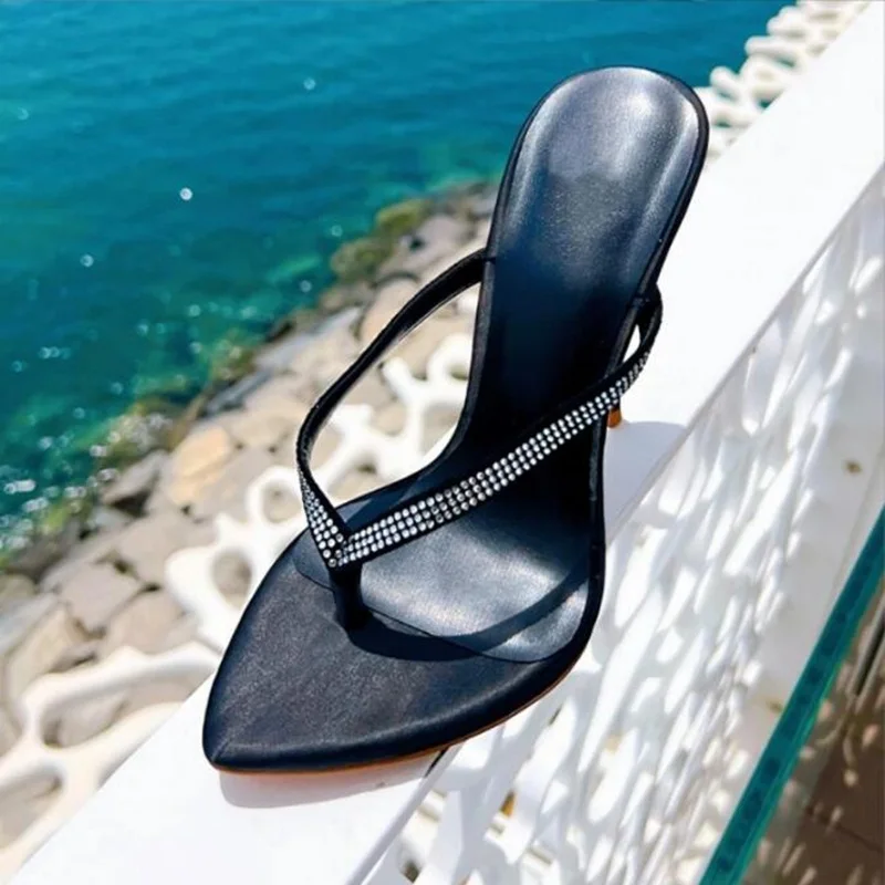 

Sexy Crystal Clip Toe Slippers Pointed Toe Patchwork Black Leather Stiletto High Heels Summer Shoes Solid Women Mules Shoes