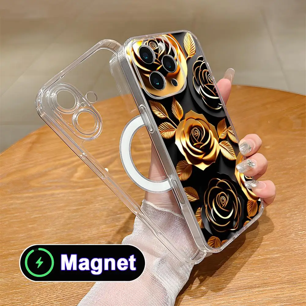 

Golden Rose Phone Case for iPhone 17 16 15 14 13 12 11 Air Pro Max Plus Mini Soft TPU Clear Magnet Cover