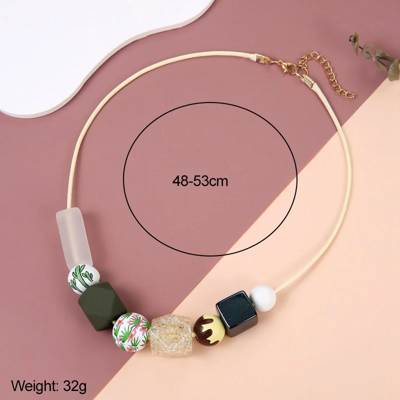 Vintage Printing Wood Beads Pendants Necklaces for Women Geometric Acrylic Bib Necklace Collar Jewelry