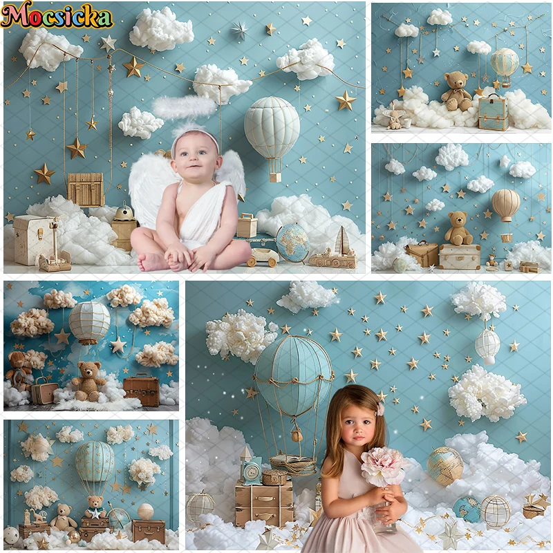 Mocsicka Photography Background Hot Air Balloon Bear Decor Cake Smash Kids Birthday Party Newborn Shower Backdrop Photo Studio