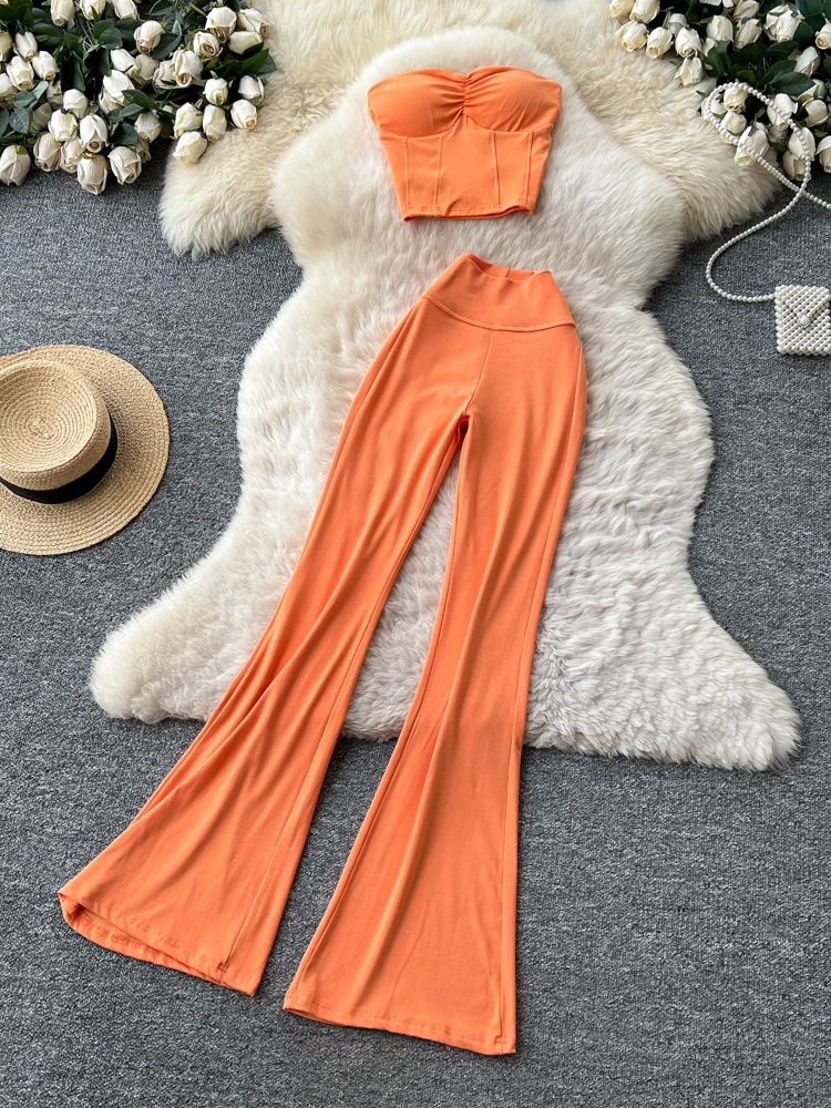 Sexy Commuter Style Strapless Vest Hot Pants Women's Summer Casual Two-Piece Set High Waist Bell Bottoms Trendy Outfit