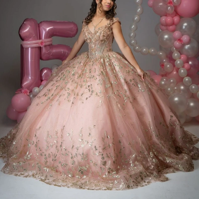 

Pink Shiny Quinceanera Dresses Off The Shoulder Gold Applique Lace Beading Crystal Tull Party Birthday Sweet 16 Dress Vestidos