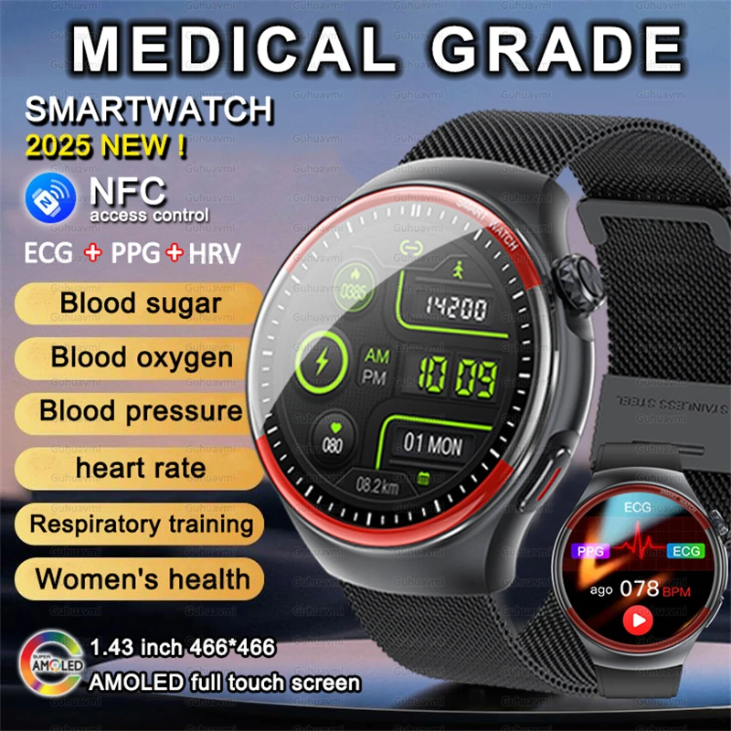 2025 Новые неинвазивные умные часы для измерения уровня глюкозы в крови, мужские 1,43-дюймовые AMOLED Bluetooth-вызовы, часы для здоровья с мочевой кислотой, ЭКГ + температурой HRV