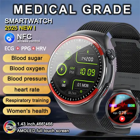 2025 새로운 비침습적 혈당 스마트 시계 남성 1.43인치 AMOLED 블루투스 통화 요산 ECG+HRV 온도 건강 시계