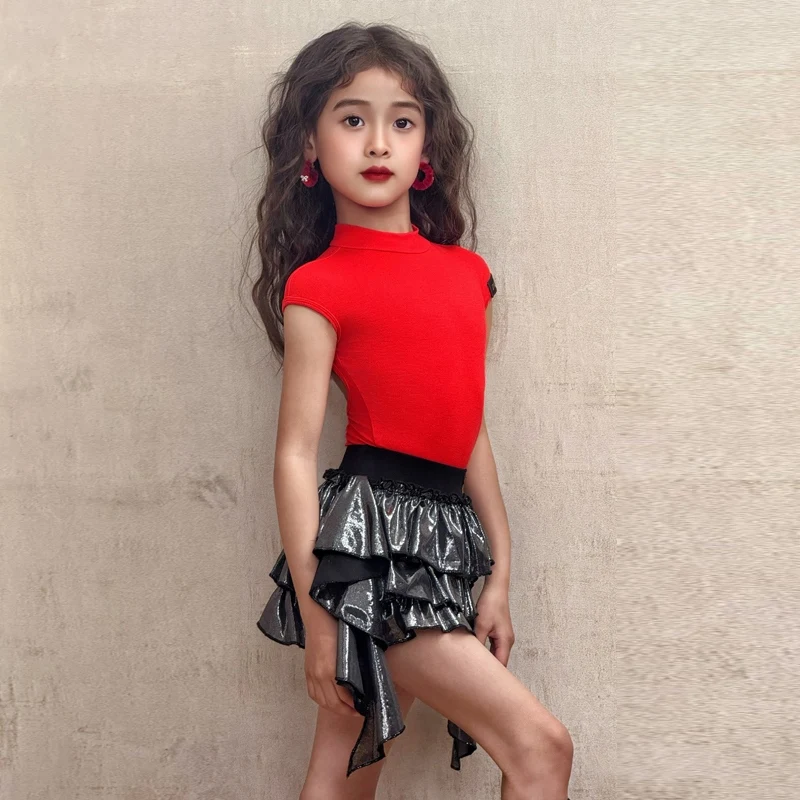패션 소녀 라틴 댄스 의상 레드 라틴 탑 레이저 스커트 어린이 삼바 룸바 볼룸 댄스 대회 드레스 SL12599