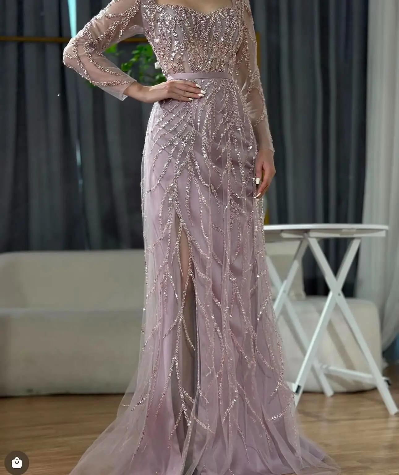 Abito da sera glamour Abito da cerimonia formale Collo quadrato Maniche lunghe Applicanti brillanti Paillettes Abiti da ballo Vestido De Noite