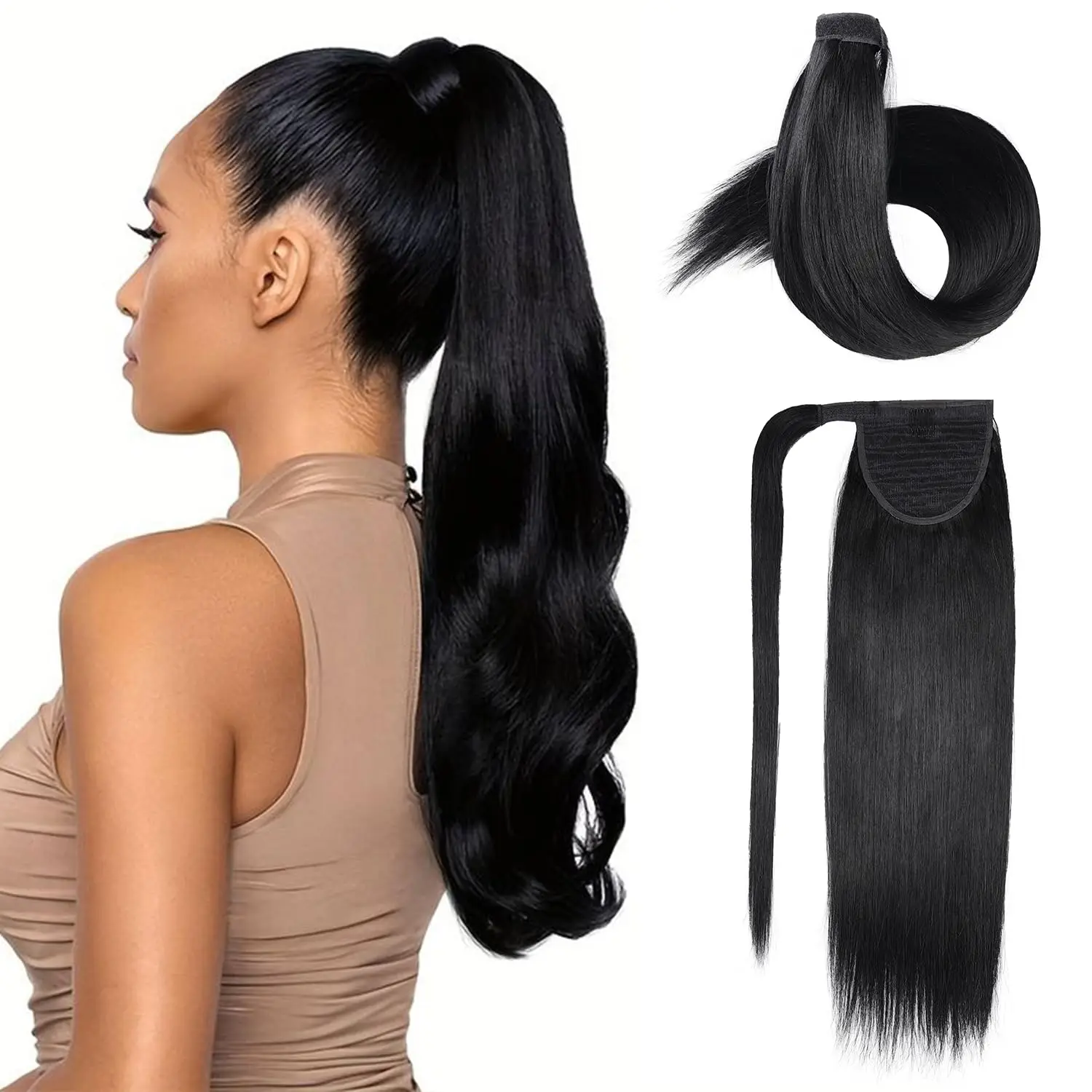 Straight Ponytail Extension Human Hair With Magic Paste Warp Around 100% Brazilian Virgin Human Hair For Women #1B Natural Color