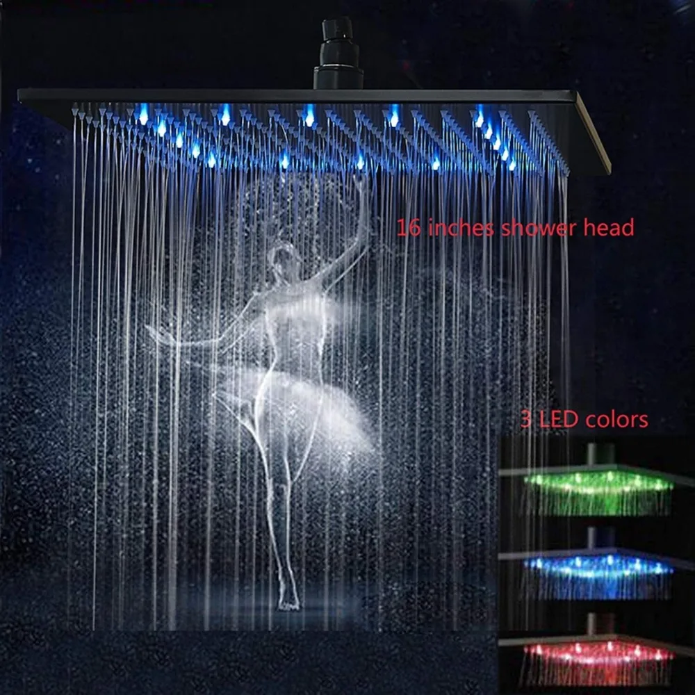 

LED Black Square 16 Inch Rain Shower Head High Pressure Top Sprayer Solid Brass