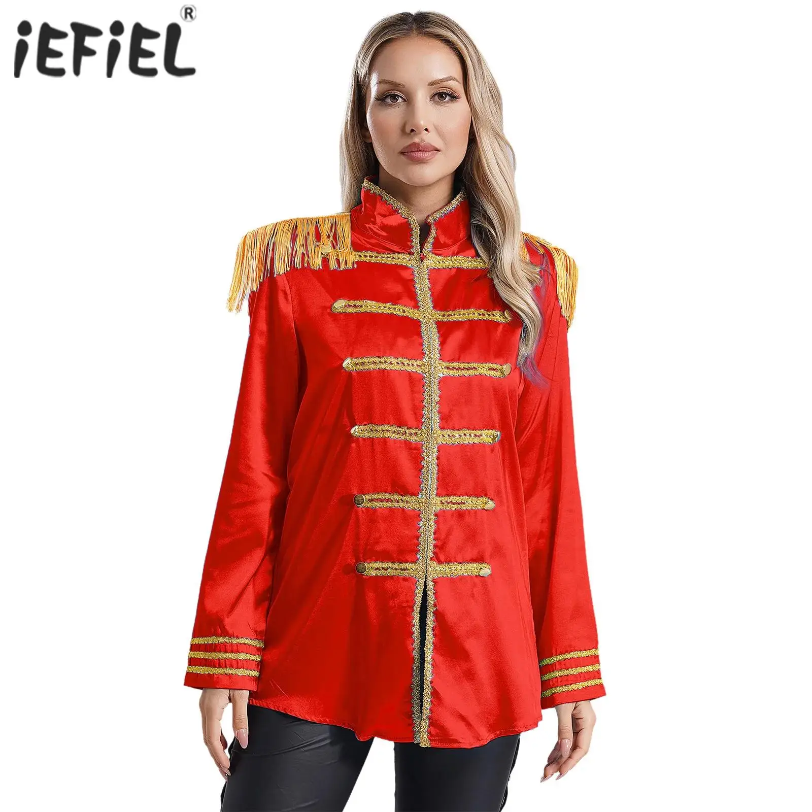 Womens Halloween Hippy Medieval Cosplay Costumes Long Outerwear Tassel Shoulder Boards Gold Trims Satin Jackets Circus Dress Up