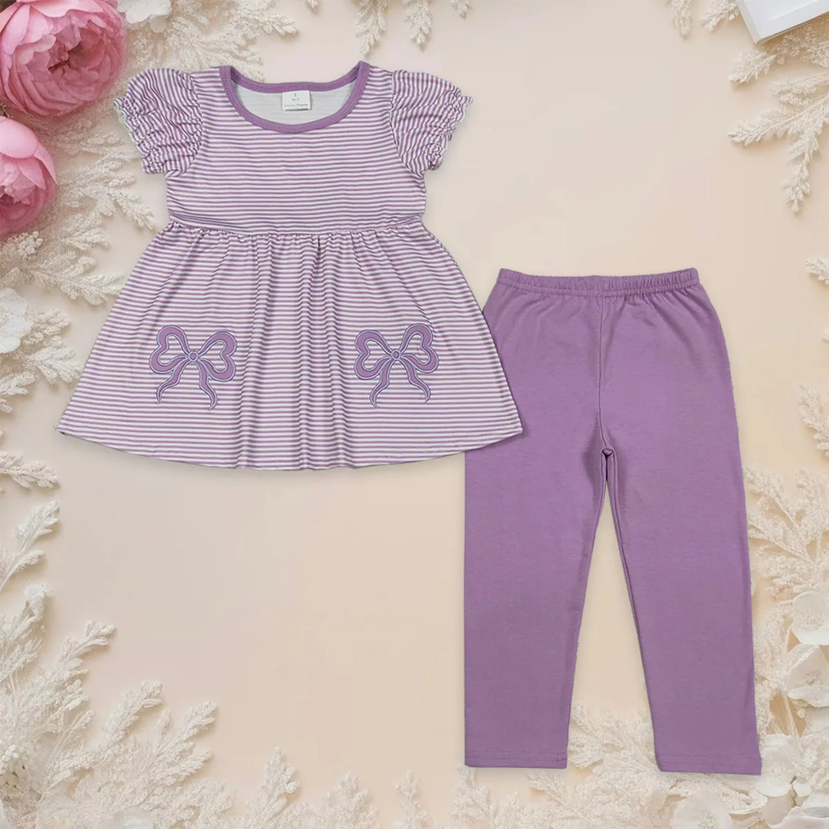 

Toddler Baby Girl Short Sleeve Stripe Embroidery Bows Tunic Tops Kids Sets Infant Clothes Purple Leggings Pants Outfit Clothing