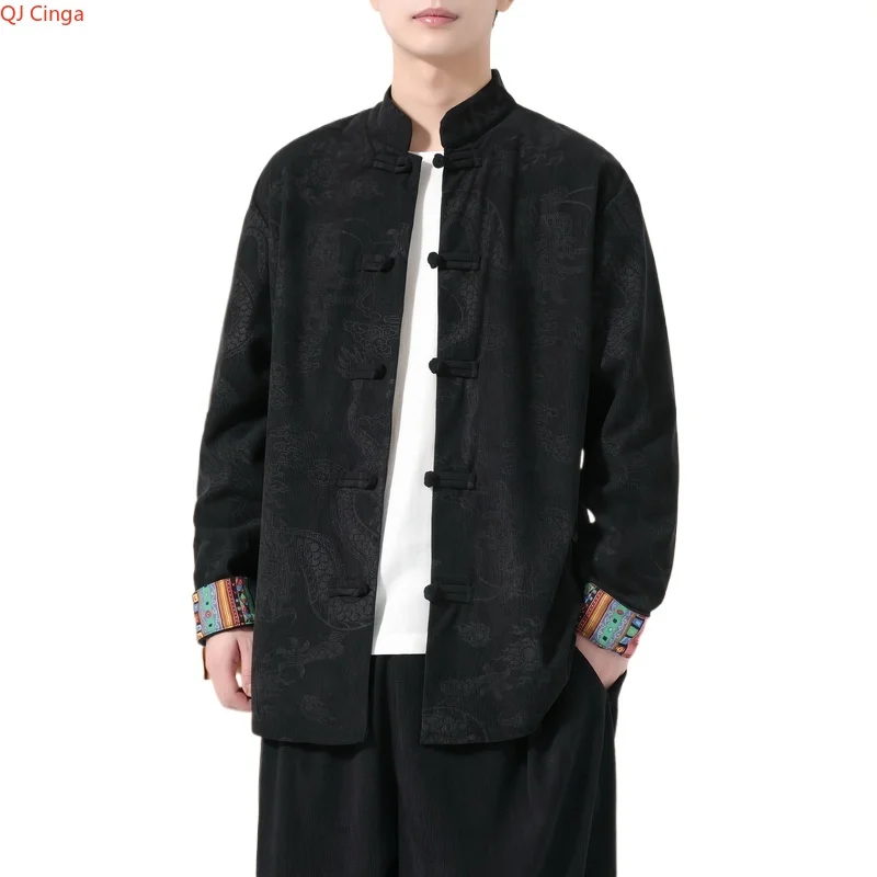 Retro-style Men's Black Long-sleeve Jacket with Chinese Dragon Motif, Single-breasted Stand-up Collar Coat.pink,Red,Apricot Top.