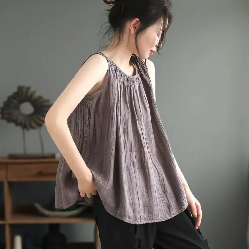 패션 솔리드 얇은 코튼 린넨 탱크 탑 여성 Camis Blusas 루즈 캐주얼 여름 민소매 셔츠 여성 의류 Camiseta Mujer