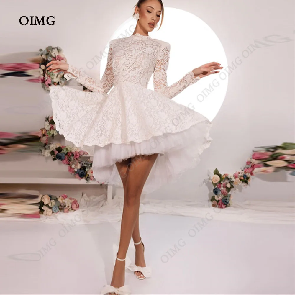 

OIMG Short Full Lace A Line Wedding Dresses for Women High Neck Mini Bridal Gown Formal Party Dress Bride Robe de mariage 2024