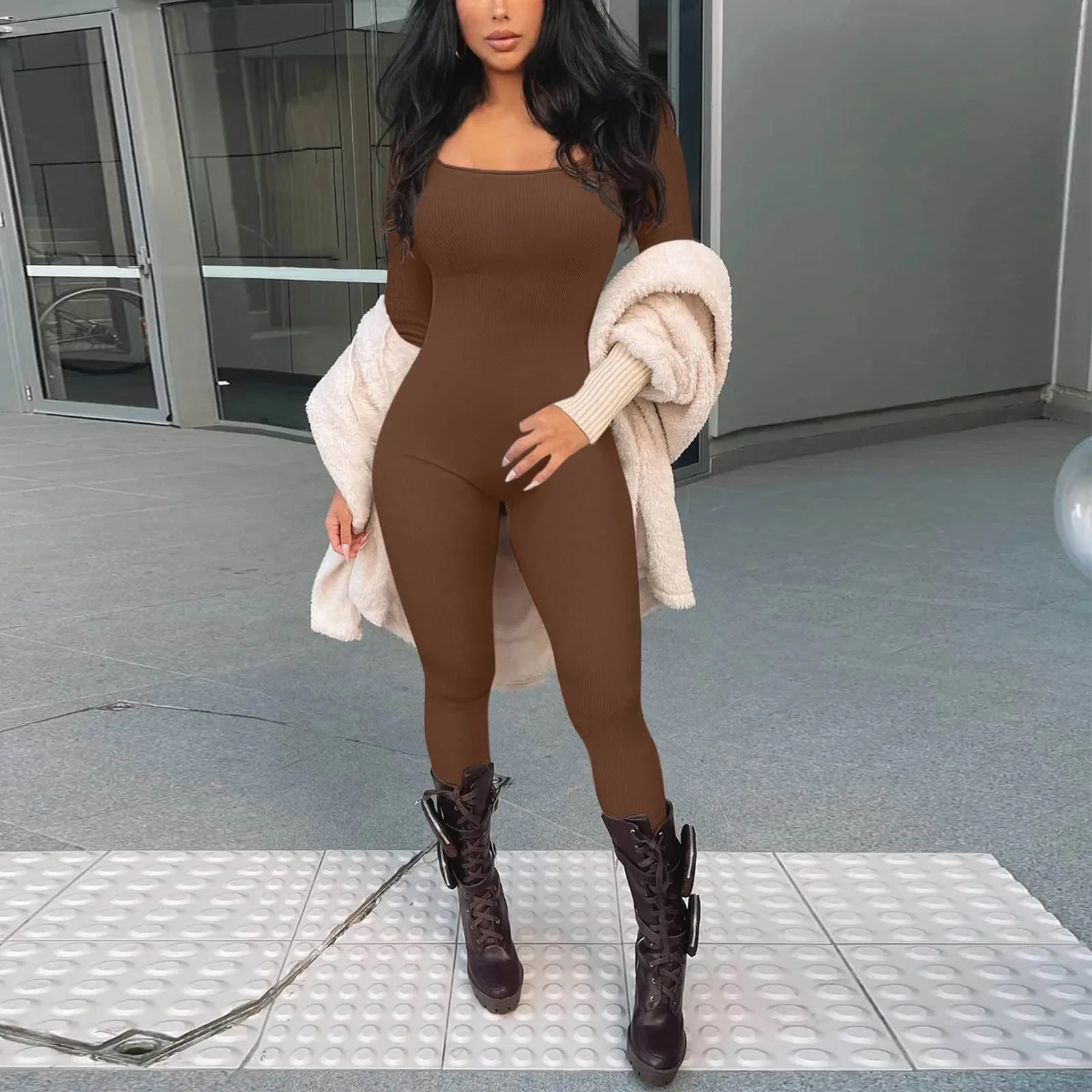 

2023 New Women Ribbed Jumpsuits Casual Street Solid Color Long Sleeve Square Neck Skinny Long Rompers Female Tracksuit Outfit