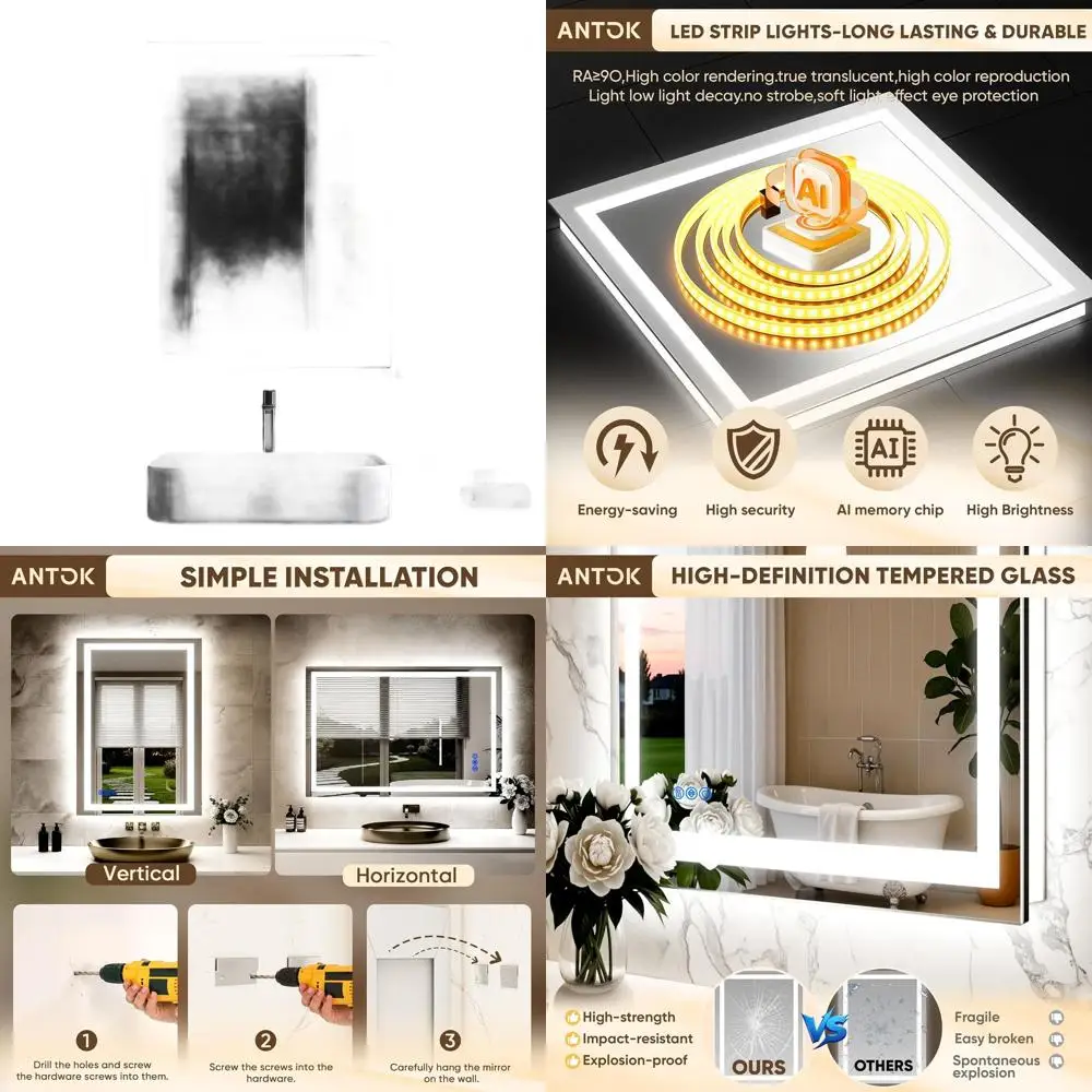 

24x32 Dimmable LED Lighted Vanity Mirror with Anti-Fog, Tempered Glass, Memory Function, 3 Lighting Modes, Suitable for Wall Mou