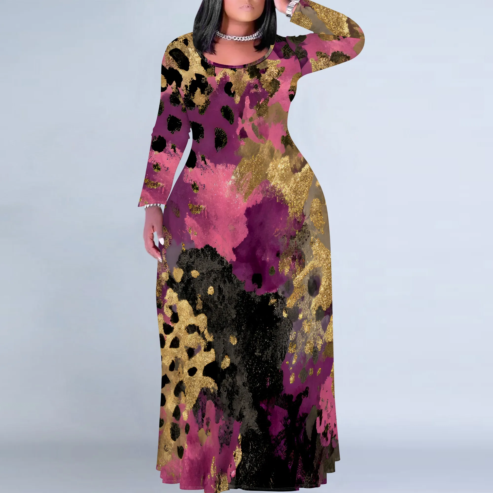 

Ladies' round neck long sleeve printed plus size maxi dress, unique Bohemian style high waist dress with pockets