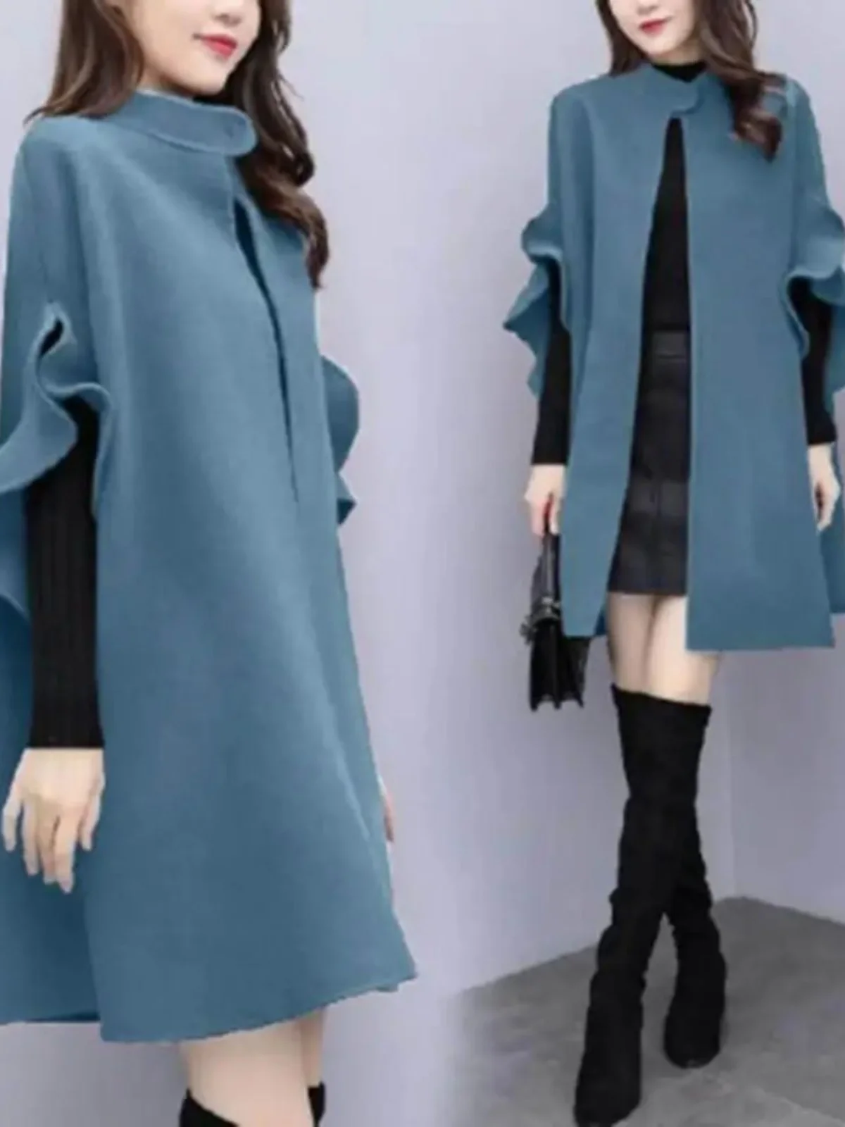 

Pure Color Stand up Collar Cloak Coat Women's Outerwear Street Sle Loose Fit Long Sve Button up Mid-Length Coat