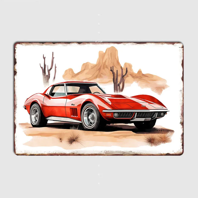 Red C3 Corvette Route 66 Metal Sign Living Plaques Designing Poster Club Home Cave Classic Tin Sign Room Wall Decor