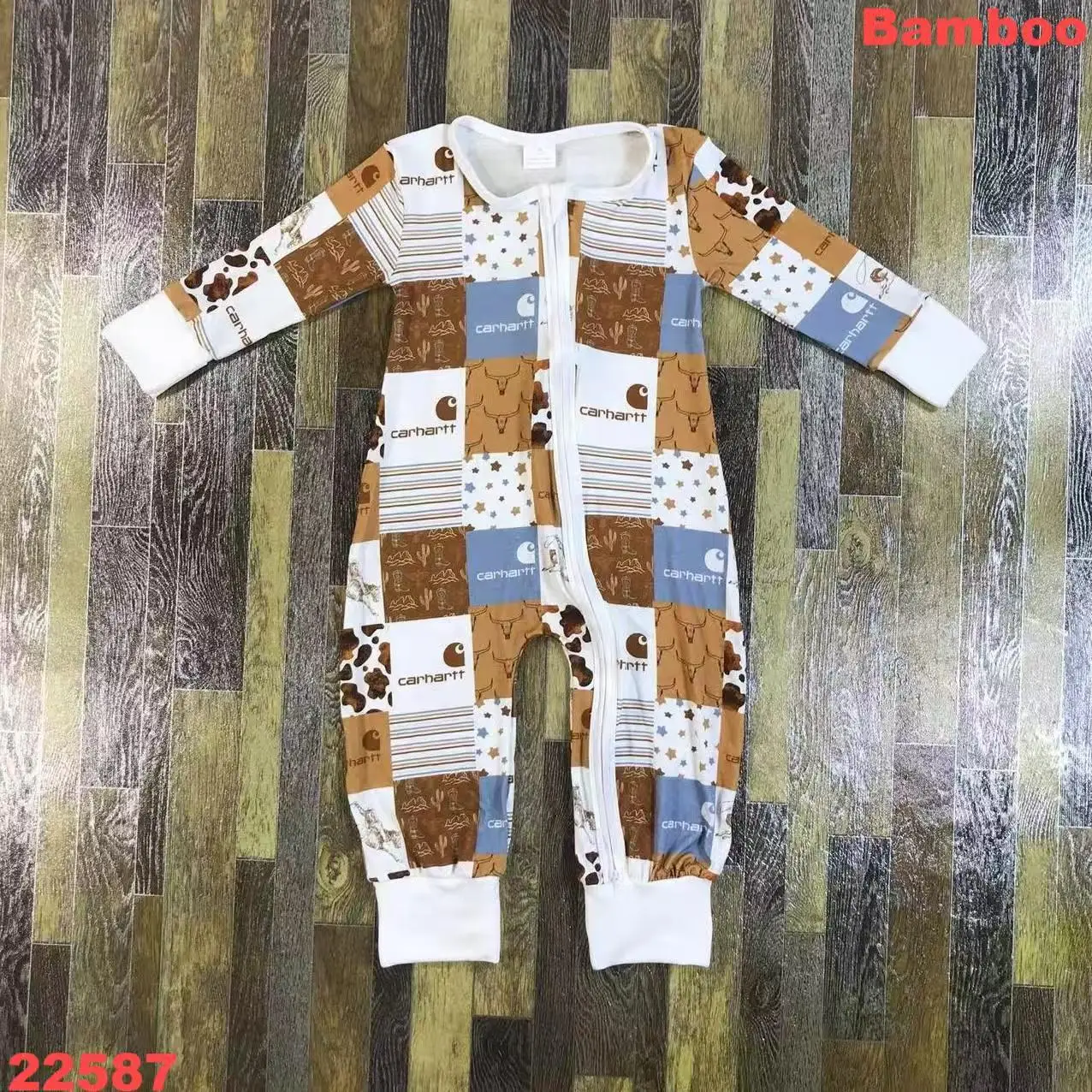 Popular Western Cow Strippe Print Bamboo Romper Baby Climbing Print Soft Bamboo Sleepers Zipper Pajamas Cover Hands and Feet