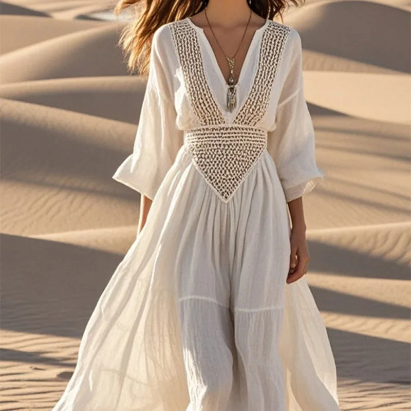 Sexy Boho Women's Summer Long Dress Female Elegant Beach Sundress Holiday Long Sleeve Lace Casual Loose Dresses Vestidos Платье