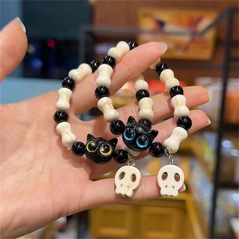 Black Big Eye Cat White Head Skull Bracelets for Women Men Cool Skeleton Ceramic Beaded Bracelet Halloween Aesthetic Jewelry