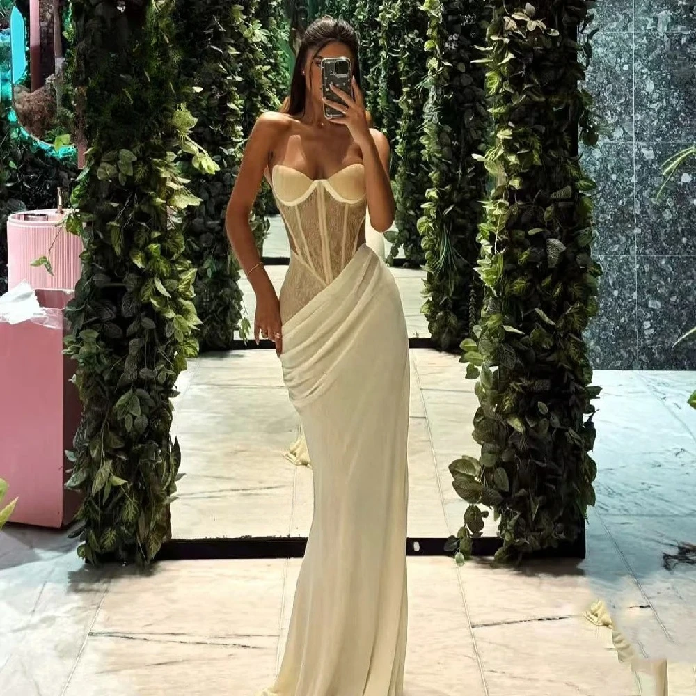 Customized Yellow Lace Sweetheart Mermaid Evening Dresses Exquisite Applique Chiffon Tulle Sheath Sleeveless Floor Prom Gowns