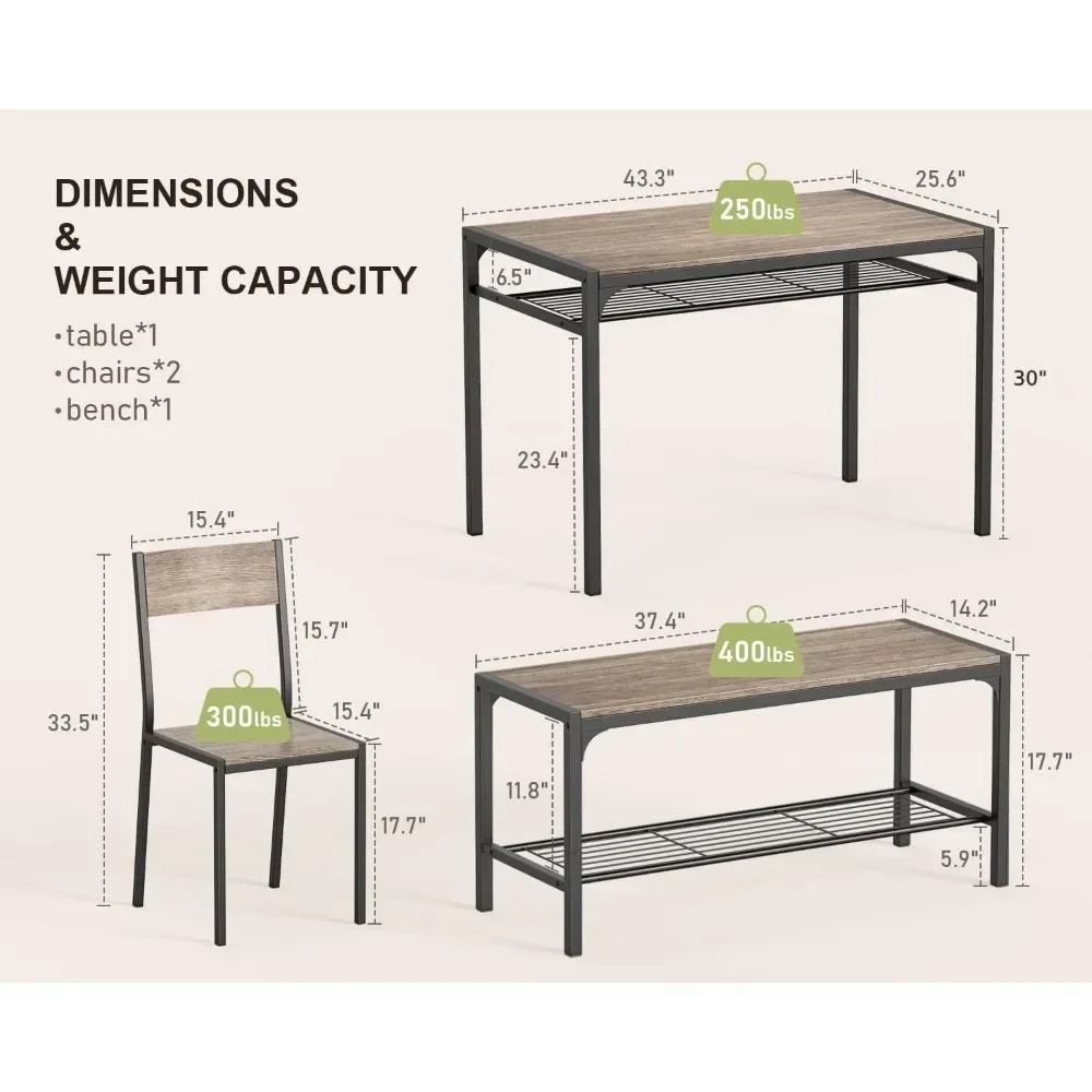 Modern Kitchen Table Set and 2 Chairs for 4 with Bench,Rectangular  4 Piece Storage Dining Table Set for Small Space, Apartment