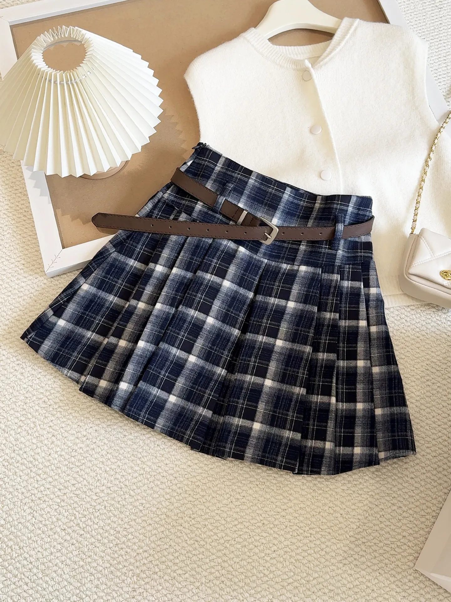 Women's Navy Blue Mini Pleated Skirt Vintage Plaid Skirt Harajuku Korean Style Y2k A-line Skirt 2000s Spring Summer Clothes 2026