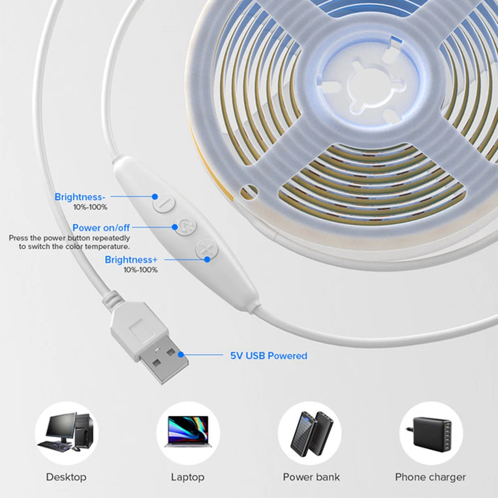 DC5V USB Plug FCOB CCT LED Strip Light Full Set 640 LEDs COB LED Lights 2700K to 6000K RF13 Keys Remote Flexible Dimmable Linear