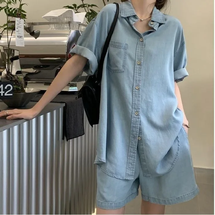 Salt And Sweet Style Women's Summer Casual Thin Denim Shirt Set Short Pants Two-Piece Suit Cotton Polyester Blend Long Sleeve