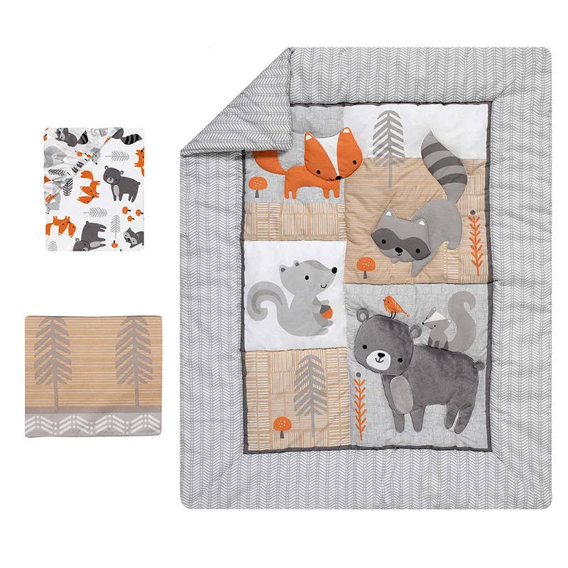 Forest Theme Bedding Crib Bumper Sheet Set Cartoon Animal Applique Comforter Baby Cot Bedding Sets