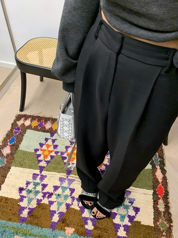 

Black High Waist Wide Leg Suit Pants for Women Autumn Winter Design Unique Versatile Short Size Friendly Cotton Blend Fabric