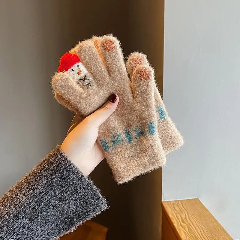 Kerst Sneeuwpop Gebreide Handschoenen Vrouwen Winter Warme Wollen Handschoen Touchscreen Zachte Harige Volle Vingers Wanten Kerstcadeaus