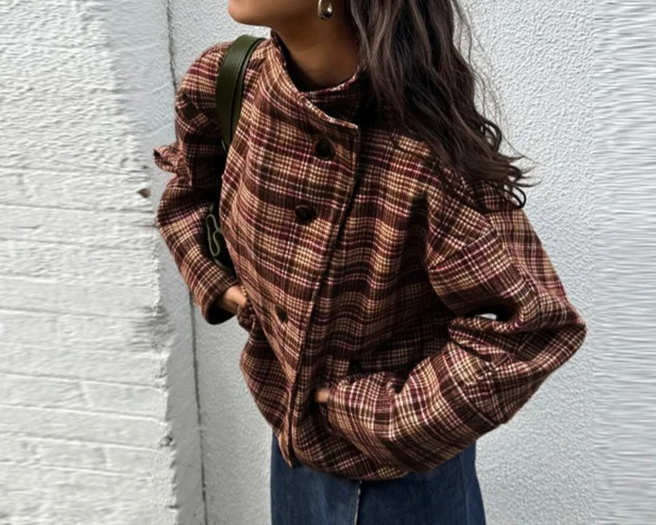 

2026 Spring New Lady Casual Loose Overcoat Women's Stand Collar Single Breasted Long Sleeve Vintage Jacket Fashion Plaid Coats