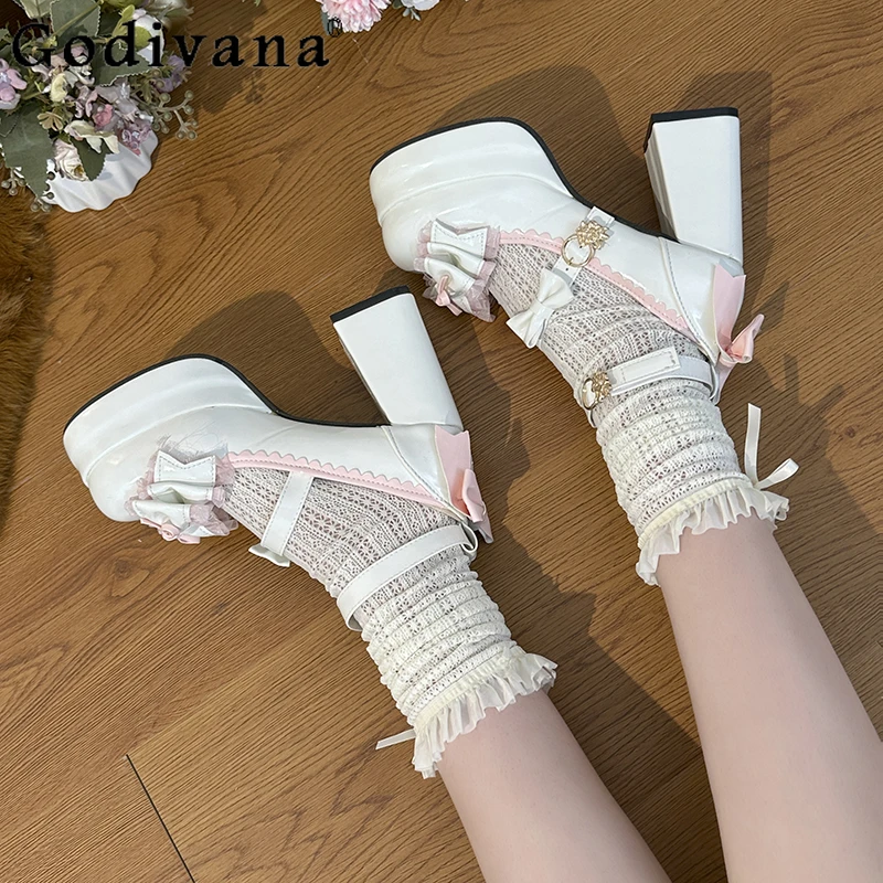 Lolita Sweet Bow Lace New Shoes for Women Mary Jane Cute Japanese Style Shoes Female Autumn High Heel Leather Solid Shoes