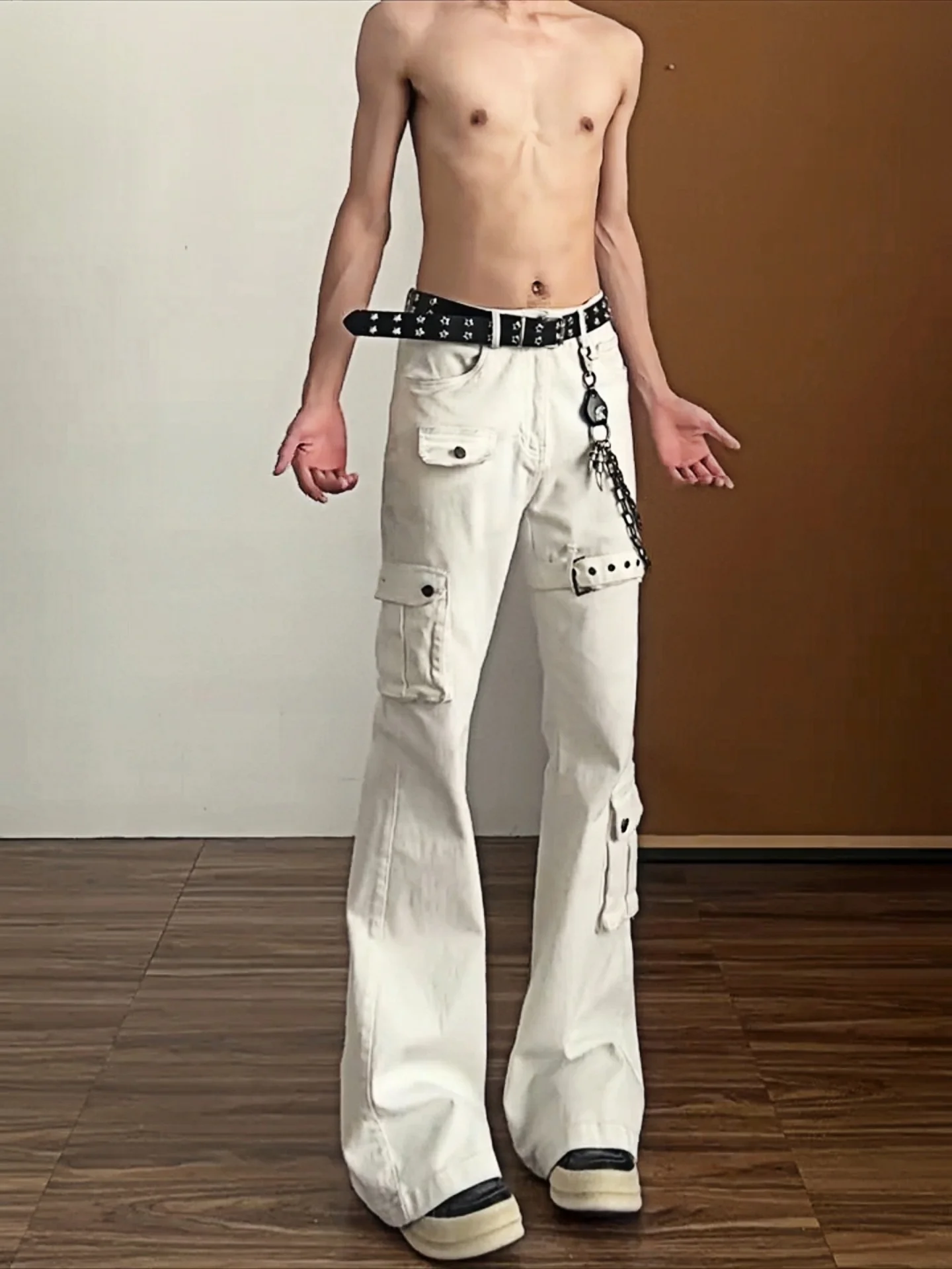

Cleanfit White Workwear Jeans Men's Belted Design Functional High Waist Extended Micro Flared Pants Straight Leg Fit Summer