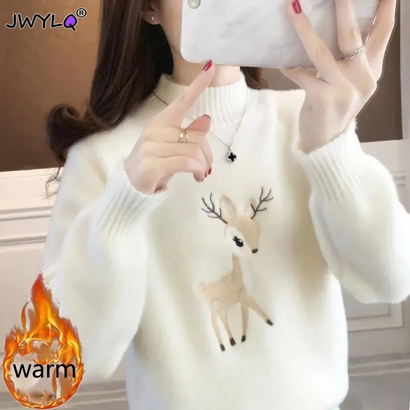 Embroidery Deer Warm Knitted Sweater Women Faux Mink Cashmere Half High Collar Pullover Korean Fashion Large Size Long Sleeve To